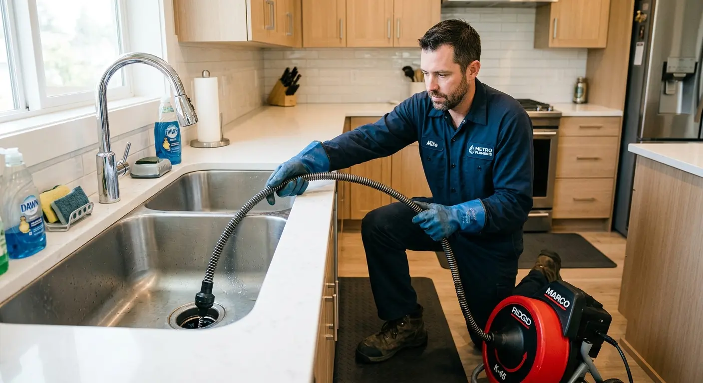 Drain cleaning technician using a motorized snake on a kitchen sink in Dickson City