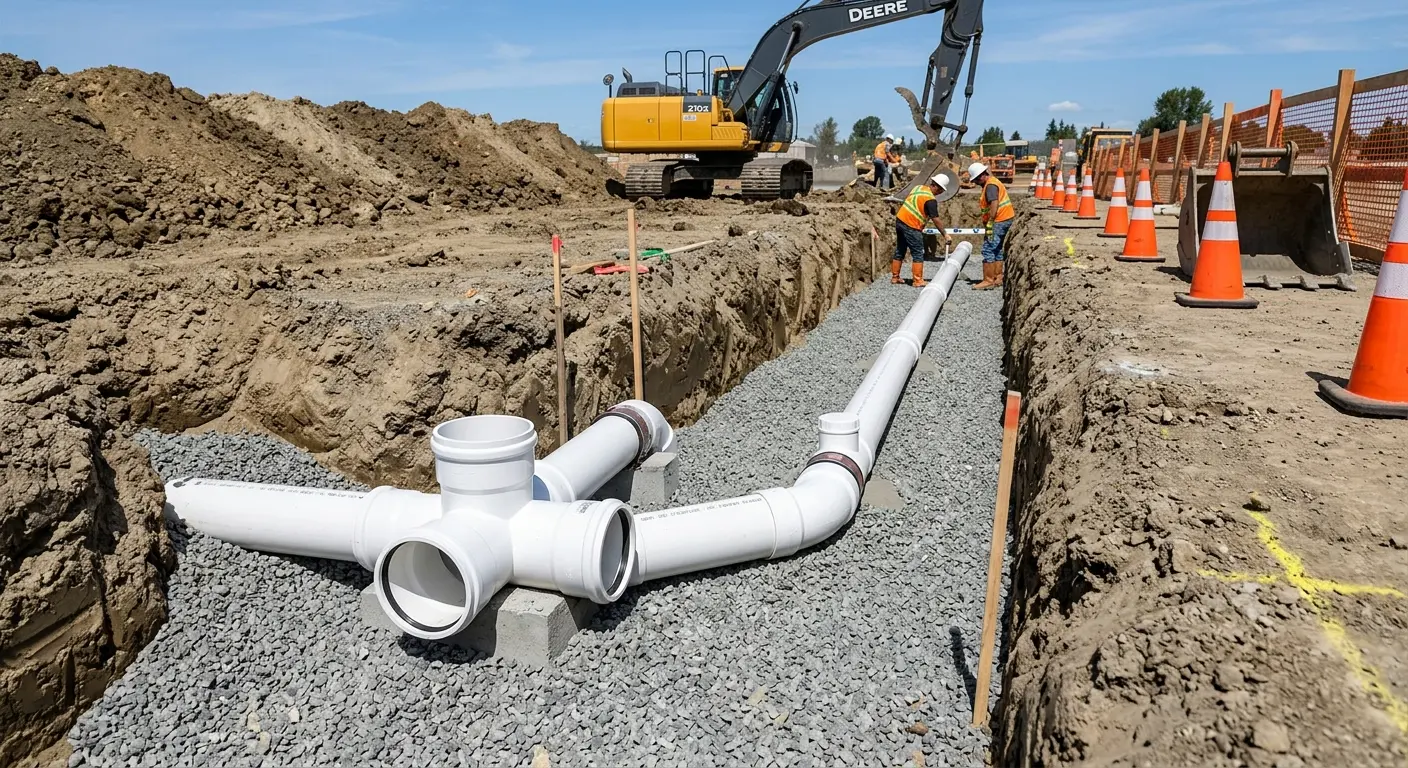 New PVC sewer pipe installation in open trench for Sewer Backup in Dickson City