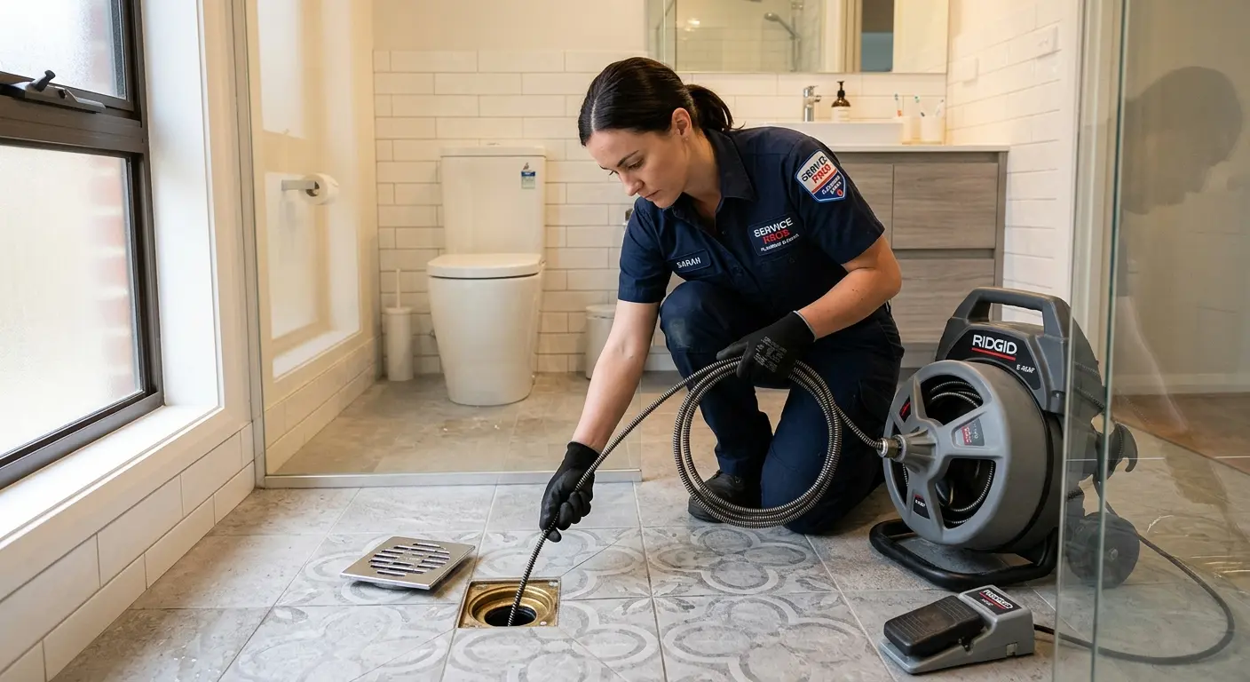 Technician clearing a bathroom floor drain for Drain Cleaning in Dickson City
